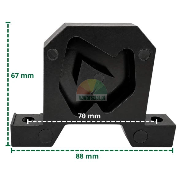 Czarna prowadnica Typ B z zaznaczonymi wymiarami 67 mm, 70 mm i 88 mm