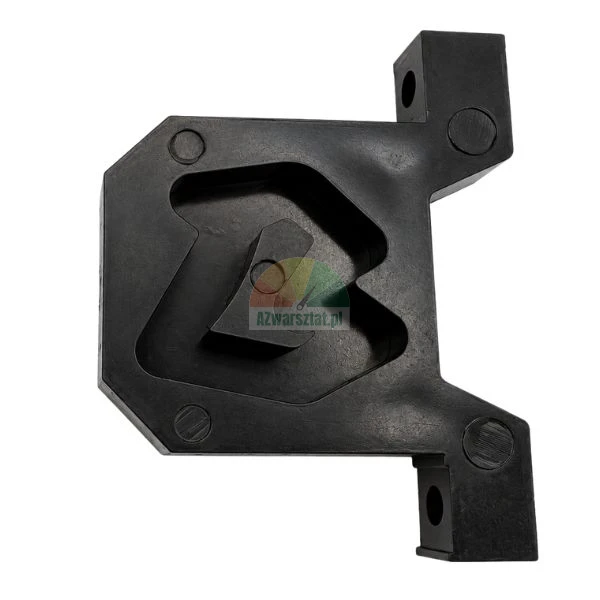 Czarny techniczny element z tworzywa sztucznego z wewnętrznym wycięciem i otworami montażowymi na białym tle.