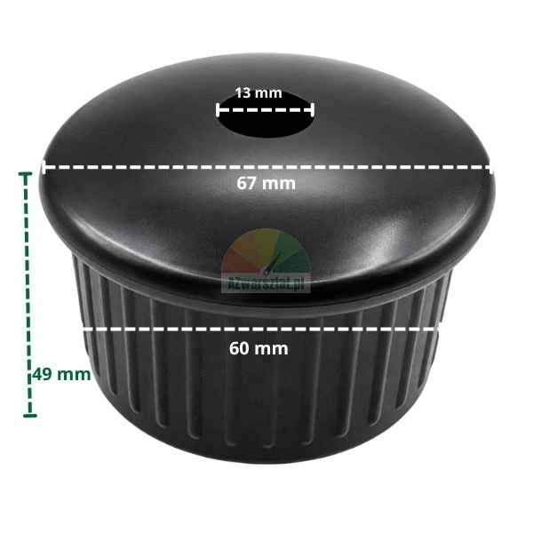 Czarny plastikowy uchwyt z wymiarami 67 mm, 60 mm, 49 mm i otworem 13 mm