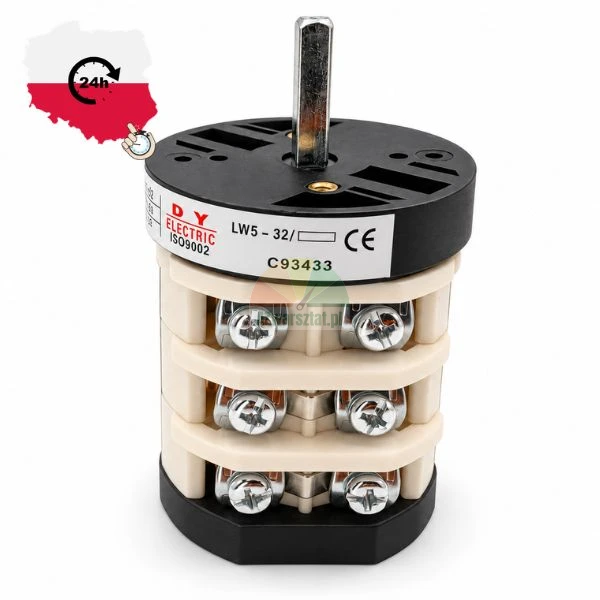 Przełącznik krzywkowy DY Electric LW5-32 ze śrubowymi zaciskami i metalowym trzpieniem