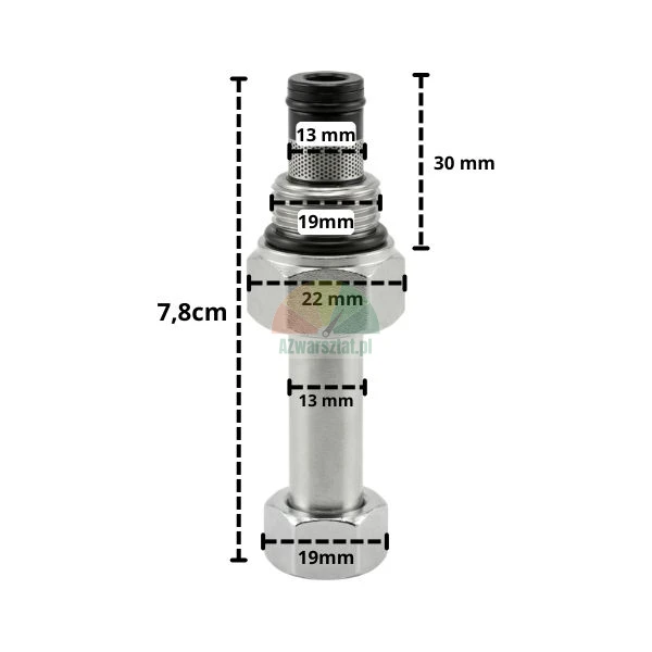 Zawór opuszczania do cewki 13mm i gwintu G19mm z podanymi wymiarami technicznymi